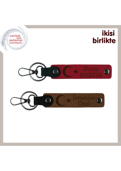 Üzerine Isim Yazılabilen Ay Yıldız Temalı Kişiye Özel Hediyelik Anahtarlık Seti X2, Kırmızı-Kahve