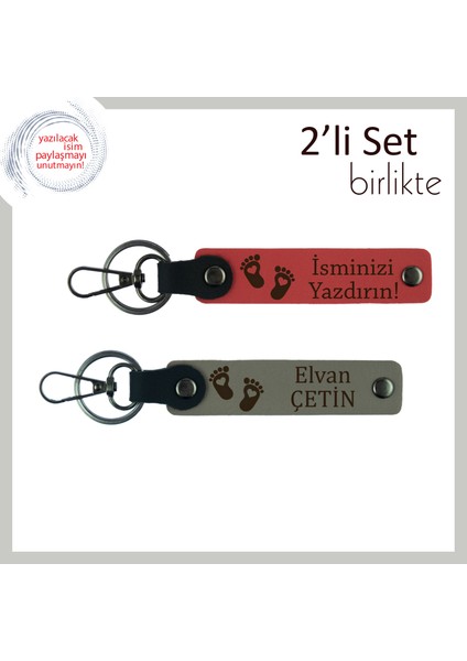 Anneye ve Babaya Duygusal Hatıralık, Kalpli Ayak Temalı Isimli Anahtarlık Takımı, Nar Çiçeği-Kül Gri