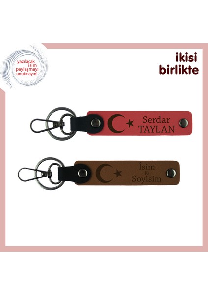 Milli Kimliği Yansıtan Hediye – Ay Yıldız Motifli, Isme Özel Deri Anahtarlık, Nar Çiçeği-Kahve