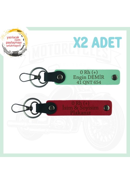 Kırmızı-Yeşil, Motorculara Özel, Isim Plaka ve 0 Rh (+) Kan Grubu Yazılı 2'li Anahtarlık Set