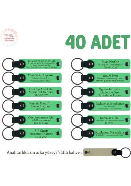Dans Eğitimi Mezuniyet Hediyesi, 40'lı Set, Öğrenci Ismi Yazılı Anahtarlık, Fıstık Yeşil & S Kahve