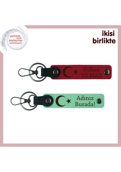 Üzerine Isim Yazılabilen Ay Yıldız Tasarımlı Kişisel Deri Anahtarlık Seti X2, Kırmızı-Yeşil