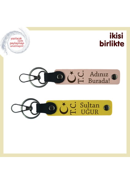 Gönülden Gelen Anlamlı Bir Hediye, Ay Yıldız Tc Kişisel Isimli Deri Anahtarlık X2, Yavru Ağzı-Sarı