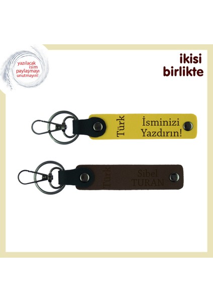 Vatan Temalı Aşk Hediyesi Türk Yazısı, Isim Yazılı Deri Anahtarlık X2' Li Set, Sarı-Kahve