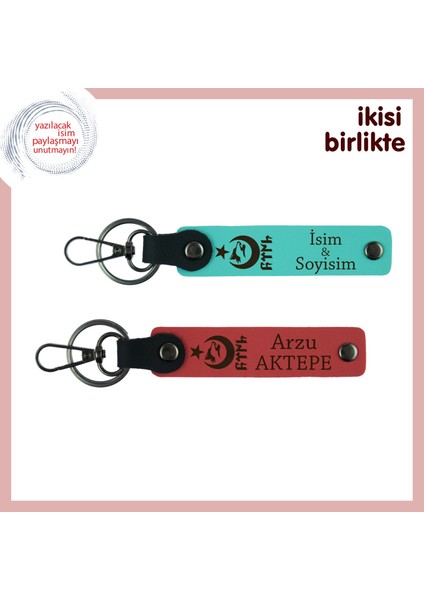 Kalbinin Sahibine Milli Ruhlu Hediye – Ayyıldız Kurt Göktürk Anahtarlık X2 Set, Turkuaz-Nar Çiçeği