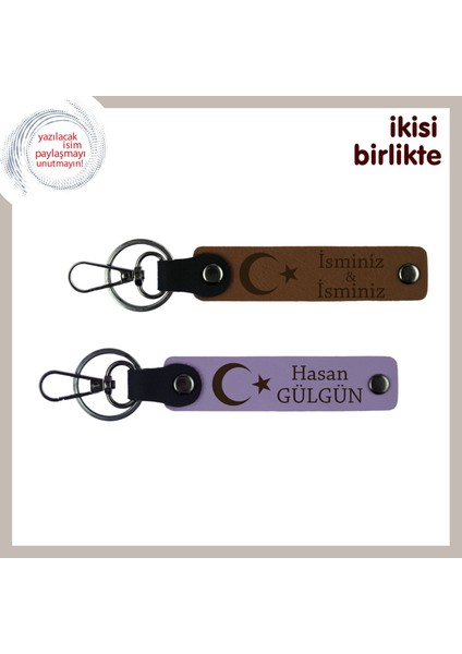 Kardeşe Özel Kalıcı Bir Hatıra, Ay Yıldız Isim ve Soyadı Yazılı X2 Deri Anahtarlık, Açık Kahve-Mor