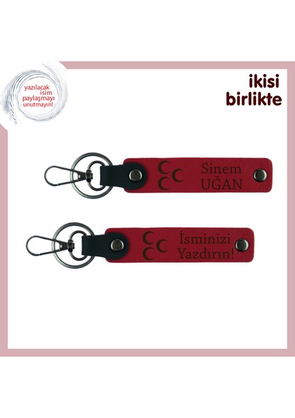 Isim Soyisimli Üç Hilal Deri Anahtarlık Seti – Kişisel Hediye Takımı, Kırmızı-Kırmızı