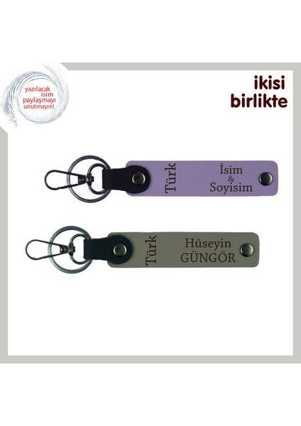 Milli Ruh, Türk Yazısı Anahtarlık – Isme Yazılabilir Deri Hediye Seti, Mor Menekşe-Kül Gri