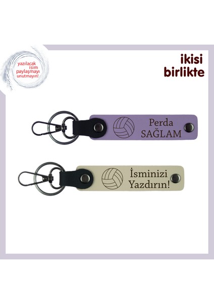 Voleybol Topu Motifli Hediyelik Anahtarlık Seti, Isminize Özel Kişisel Tasarım, Lila-Sütlü Kahve