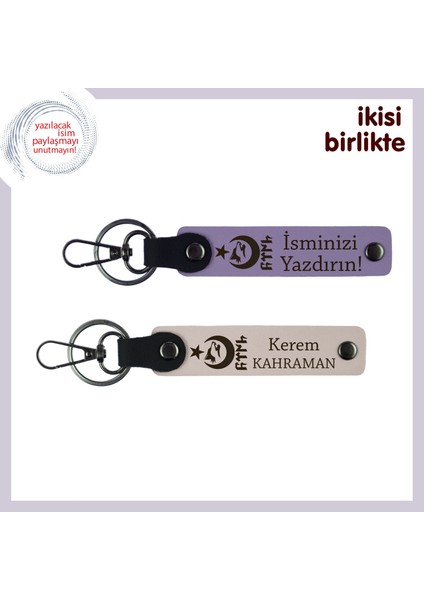 Milli Temalı Isme Özel Deri Anahtarlık Seti – Ayyıldız Kurt Göktürk Motifli Armağan, Mor - Pudra