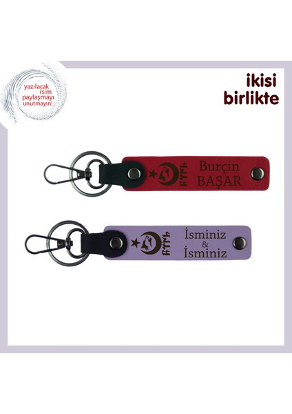 Kişiye Özel Yazılabilir Deri Anahtarlık X2, Ayyıldız Kurt Göktürk Temalı Hediye Seti, Kırmızı-Mor