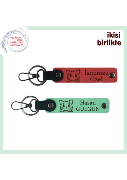 Kedili Evler Için Düşünülmüş Hediye, Kişiye Özel Isim Yazılabilen Anahtarlık X2’li, Nar-Açık Yeşil