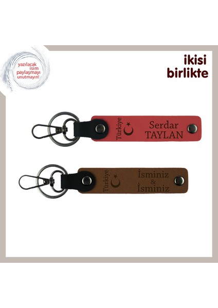 Milli Kimliği Yansıtan – Ayyıldız ve Türkiye Motifli, Isme Özel Deri Anahtarlık, Nar Çiçeği-Kahve