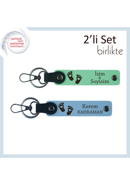 Oğlunu Yeni Kucaklayan Babalara Hediye, Kalpli Bebek Ayağı Motifli Anahtarlık Takım, Açık Yeşil-Mavi