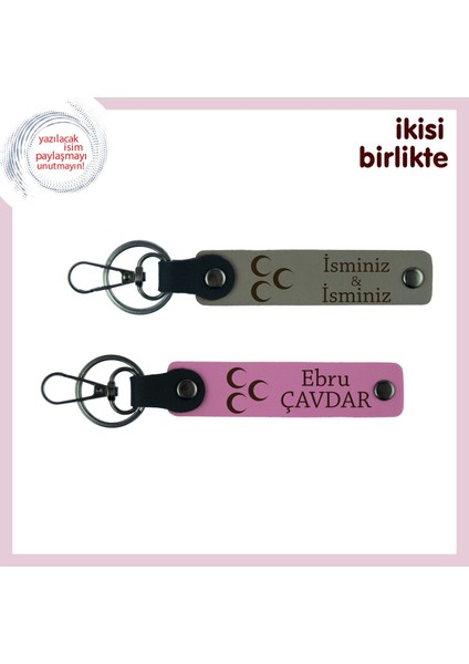 Öğretmenine Hediye, Üç Hilal Desenli ve Isim Yazılan Anahtarlık Takımı, Kül Gri-Pembe