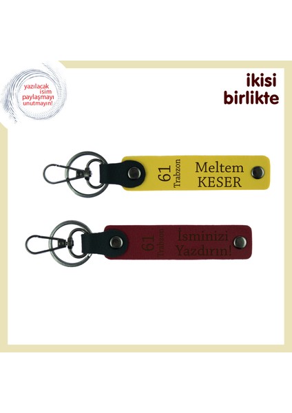 Memlekete Vefalı Özgün Hediye Isme Özel Deri Anahtarlık Takımı, 61 Trabzon Yazılı, Sarı-Bordo