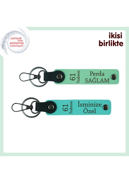 61 Trabzon Yazılı Deri Anahtarlık Seti, Memleket Vurgulu Hediyelik Tasarım, Açık Yeşil-Turkuaz