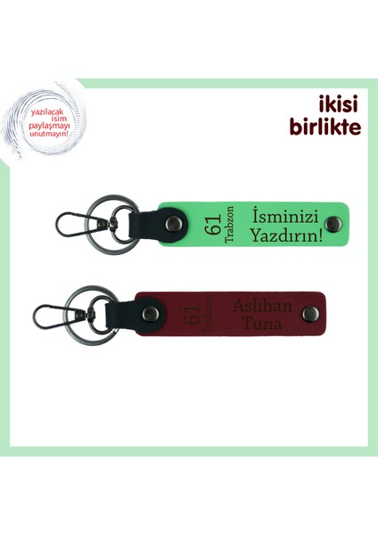 61 Trabzon Yazılı Anlamlı Tasarımlı Deri Anahtarlıklar, Isminiz Yazılı X2'li Set, Fıstık Yeşil-Bordo