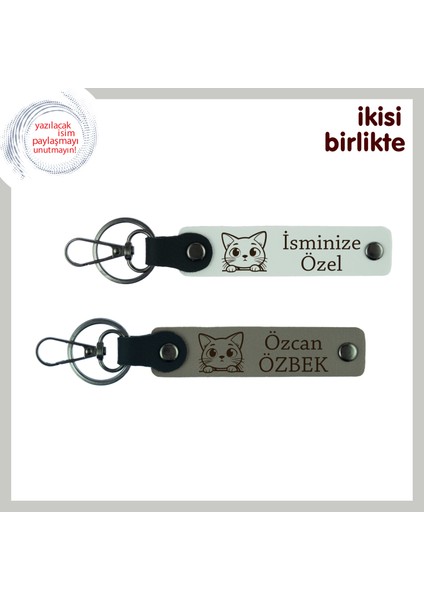 Minik Dostun Adını Üzerinde Taşıyan Hediye, Kedili Deri Anahtarlık 2’li Set, Beyaz-Kül Gri