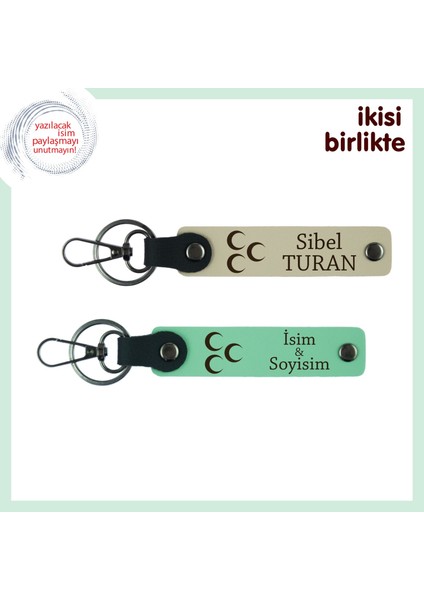 Isme Özel Üç Hilal Temalı Hediye – Sevgiline Kişisel Anahtarlık Seti, Sütlü Kahve-Yeşil