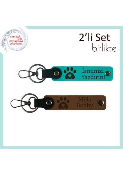 Hayvanları Seven Annelere Anlamlı Armağan, Kalpli Pati Desenli Deri Set, Koyu Turkuaz-Açık Kahve