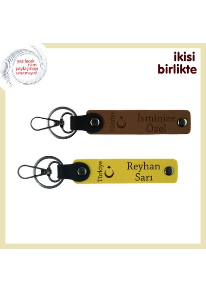 Kuzenle Paylaşılacak Hediye Ayyıldız ve Türkiye – Isim Soyisim Yazılı X2'li Anahtarlık, Kahve-Sarı