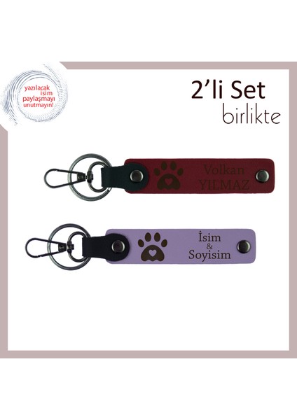 Minik Kalpler Için Büyük Bir Jest, Kalpli Pati Temalı Deri Anahtarlık Takımı, Bordo-Mor Menekşe