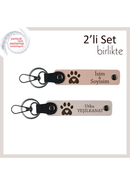 Köpek Sahibi Eşe Uygun Hediyelik, Kalpli Pati Motifli Kişisel Anahtarlık Takımı, Yavru Ağzı-Pudra