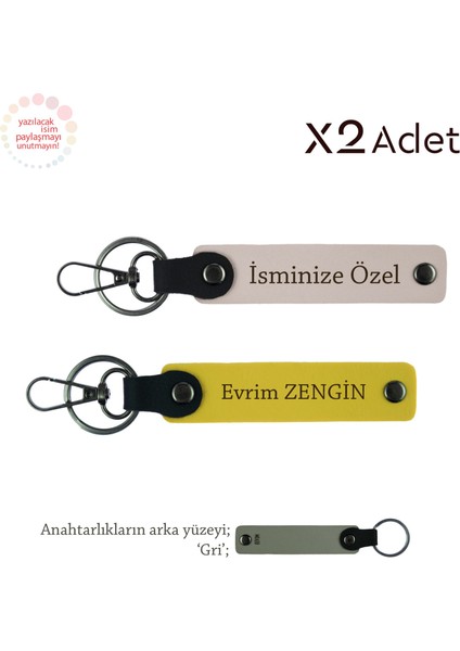 Patrona 14 Şubat Jest, Isim & Soyisim Kişiselleştirilmiş 2’li Anahtarlık, Pudra-Sarı-Gri