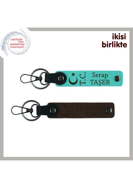 Sevdiğinle Paylaşılacak Anlamlı Çift Set – Ay Yıldız Tc Temalı Deri Anahtarlık, Turkuaz-Kahve