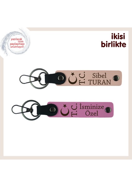 Isim Eklenebilir Şık Hediye – Ay Yıldız Tc Motifli Kişisel Isimli Anahtarlık Takım, Yavru Ağzı-Pembe