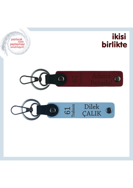 Özgün Tasarımla Hazırlanmış Hediyelik, 61 Trabzon Yazılı Kişisel Anahtarlık X2' Li, Bordo-Gök Mavi