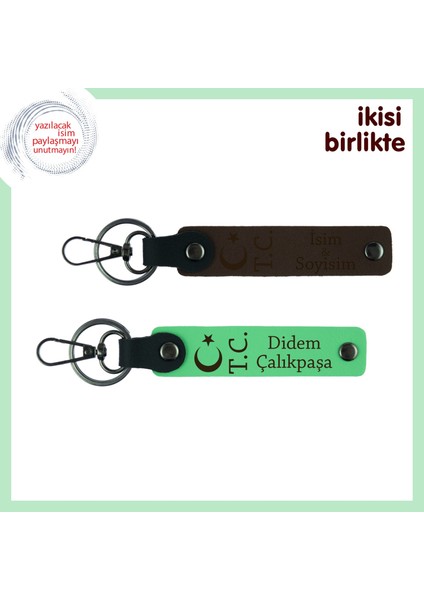 Aileye Hatıra Kalacak Hediye – Ay Yıldız Tc Desenli Isimli Anahtarlık Takımı, Koyu Kahve-Yeşil