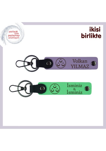 Vatan Temalı Kişiye Özel Anahtarlık X2 – Üç Ayyıldızlı Deri Hediye Takımı Isim Yazılı, Mor-Yeşil