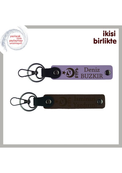 Isim Yazılabilir Ayyıldız Kurt Göktürk Anahtarlık Takımı – Kalpten Gelen Armağan, Mor Menekşe-Kahve