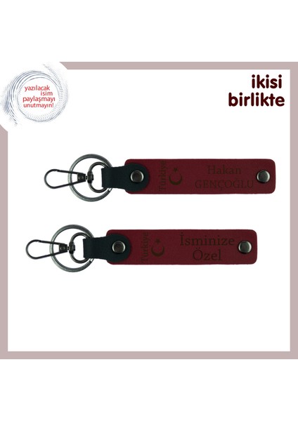 Yeni Evli Çifte Milli Temalı Armağan – Ayyıldız ve Türkiye ve Isimli 2’li Anahtarlık , Bordo-Bordo