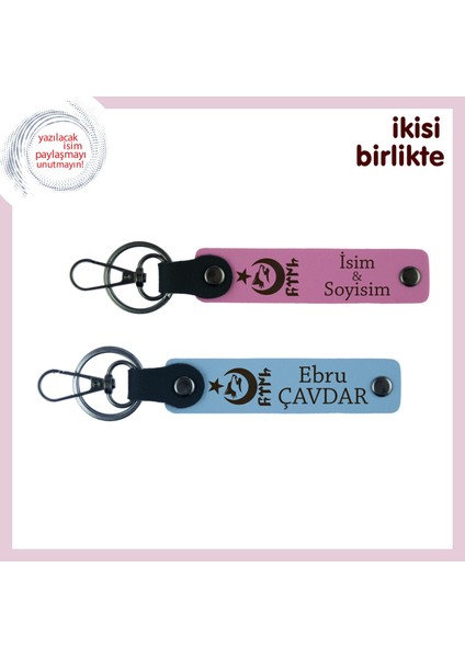 Akrabaya Anlamlı Ismeözel Hediye – Ayyıldız Kurt Göktürk Desenli Kişisel Anahtarlık, Pembe-Gök Mavi