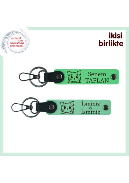 Patili Eşine Sevimli Sürpriz, Kedi Motifli Deri Anahtarlık Takımı, Fıstık Yeşil-Açık Yeşil