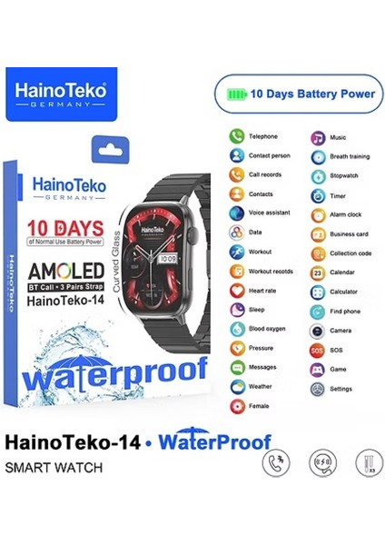 - 14 Su Geçirmez 10 Gün Pil Ömrü Amoled Ekran Akıllı Saat 3 Kordon
