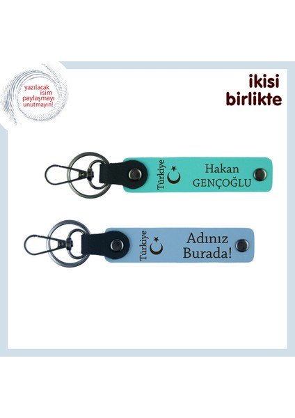 Gönlündeki Anlamlı Hediye – Ayyıldız ve Türkiye Desenli Kişisel Anahtarlık, Turkuaz-Gök Mavi