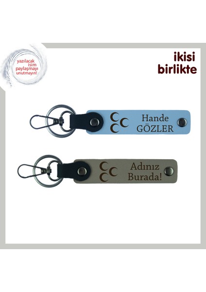 Gurur Yüklü Hatıra – Üç Hilal Desenli Kişiye Özel Isimli Anahtarlık, Gök Mavi-Kül Gri