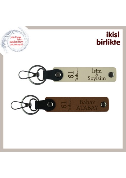 Karadenizli Arkadaşa 61 Trabzon Desenli Deri Anahtarlık Takımı, Isim Yazılı, Sütlü Kahve-Açık Kahve