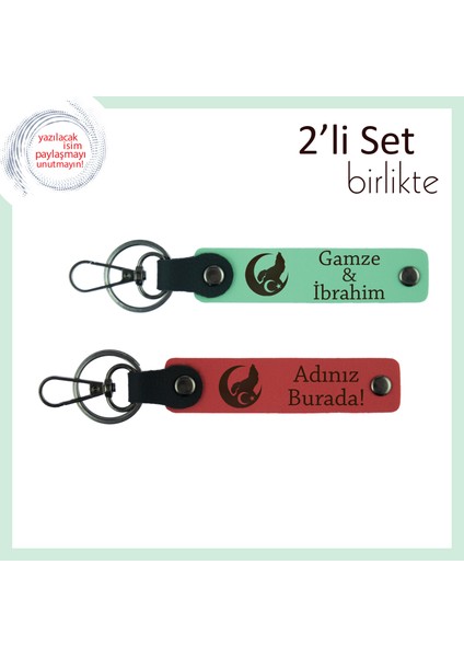 Babaya Kalıcı Hatıra Bozkurt ve Ayyıldız Temalı, Isim Yazılı 2’li Anahtarlık Takımı, Yeşil-Nar
