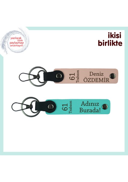 Trabzonlu Müdüre Özel Şık Hediye, Kişisel Deri Anahtarlık X2'li, Isim Yazılı, Yavru Ağzı-Turkuaz