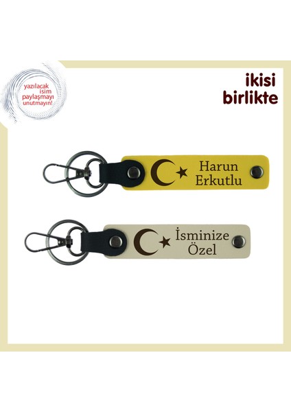Birlikteliğe Milli Temalı Armağan – Ay Yıldız Desenli Kişisel Anahtarlık Hediye, Sarı-Sütlü Kahve