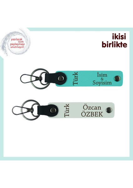 Unutulmaz Hediye– Türk Yazısı Kişiselleştirilebilir Anahtarlık X2 Set, Turkuaz-Beyaz