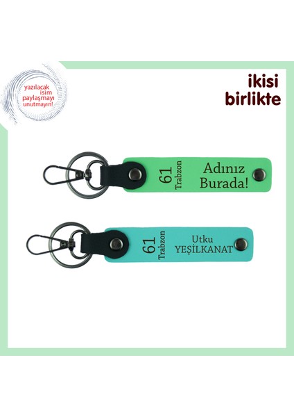 Karadenizli Arkadaşa 61 Trabzon Desenli Deri Anahtarlık Takımı, Isim Yazılı, Fıstık Yeşil-Turkuaz