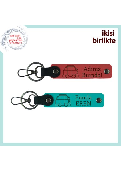 Karavan Hayatına Dair Kişisel Armağan, Deri Anahtarlık 2’li Set, Isim Yazılı, Nar Çiçeği-K Turkuaz