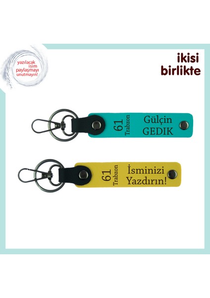 Trabzonlu Müdüre Özel Şık Hediye, Kişisel Deri Anahtarlık X2'li, Isim Yazılabilir, Koyu Turkuaz-Sarı