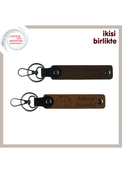 Yolda Olmayı Seven Kalplere, Karavan Motifli Deri Anahtarlık Takımı, Koyu Kahve-Açık Kahve